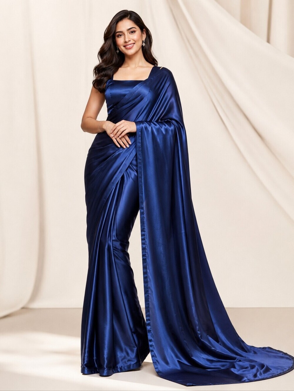 1 Minute Pre-Pleated Pure Satin Saree | Navy Blue - Pit to Pit 18 inches